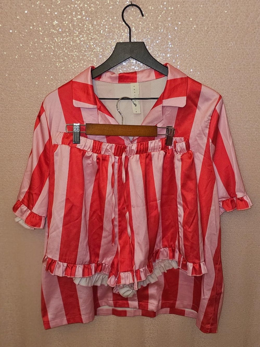 Red and Pink Striped Button-Up pajamas with shorts